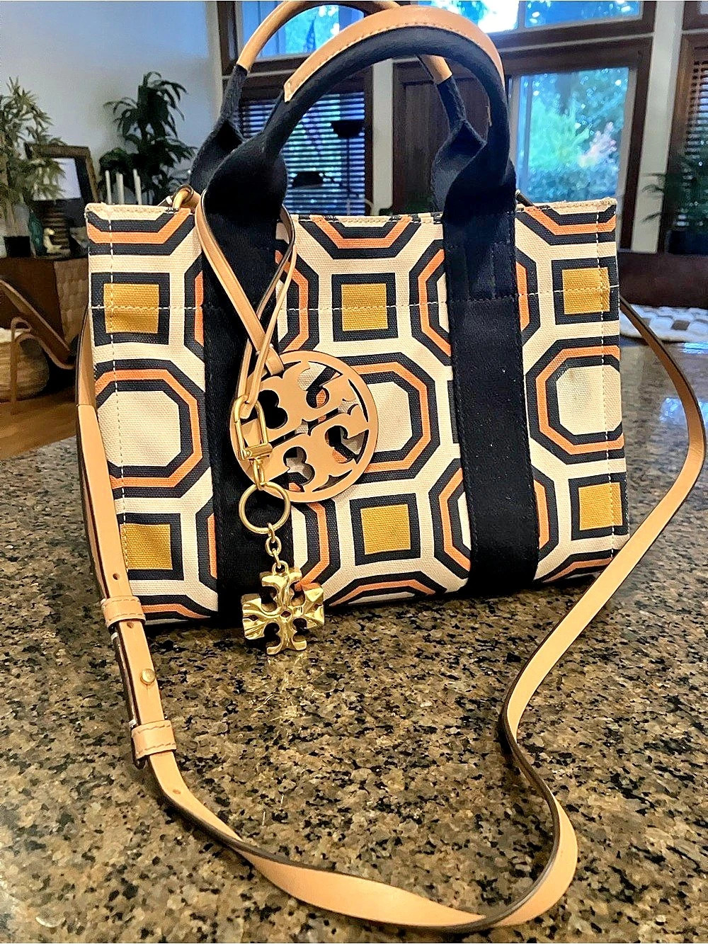 Tory Burch Geometric Octagonal Square Tote in Navy, Coral Ballet Pink